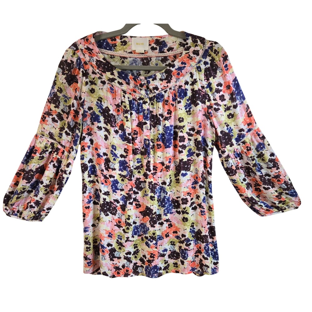 Maeve Anthropologie Boho Floral Balloon Sleeve Top Sz 8 Pink Blue Smocked Back